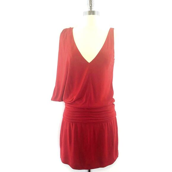 Haute Hippie Size S Crimson Crush Cowl Sleeve Deep V Asymmetric Mini Dress - Picture 3 of 11